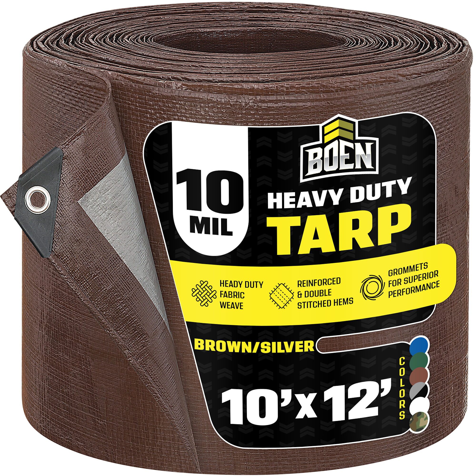 Boen Heavy-Duty Tarp — 10ft. x 12ft., 10 Mil, Waterproof, Rip-Proof, UV-Resistant, Brown/Silver, Model# BS-1012